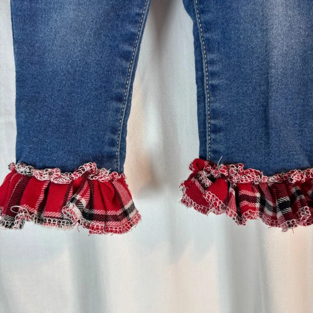 Old Navy Baby Girls Ballerina‎ Jeans Plaid Ruffle Hem Blue Denim Pants 6-12M